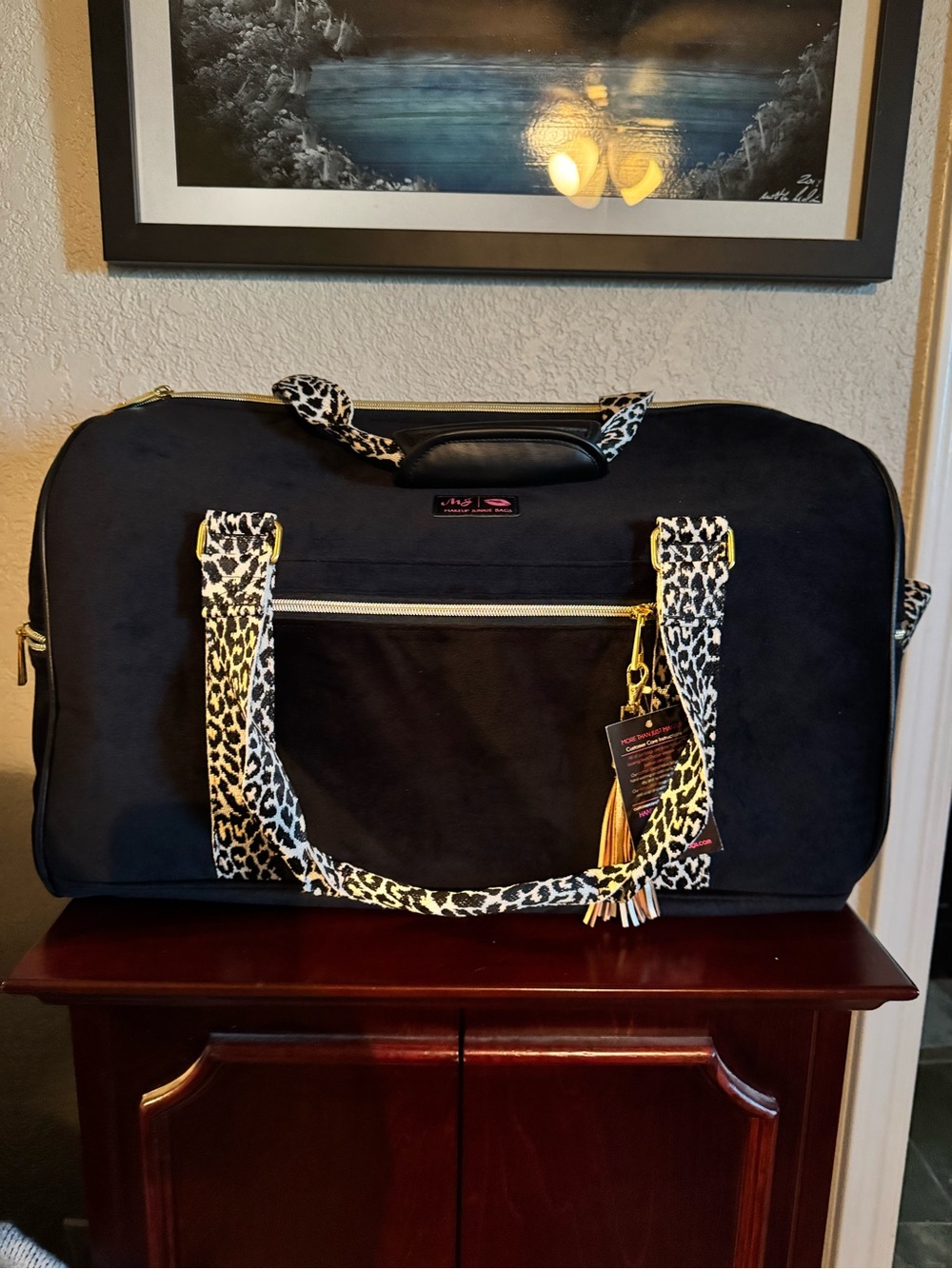 Brand new Makeup Junkie Black Velvet Duffel bag with Leopard Print Straps
